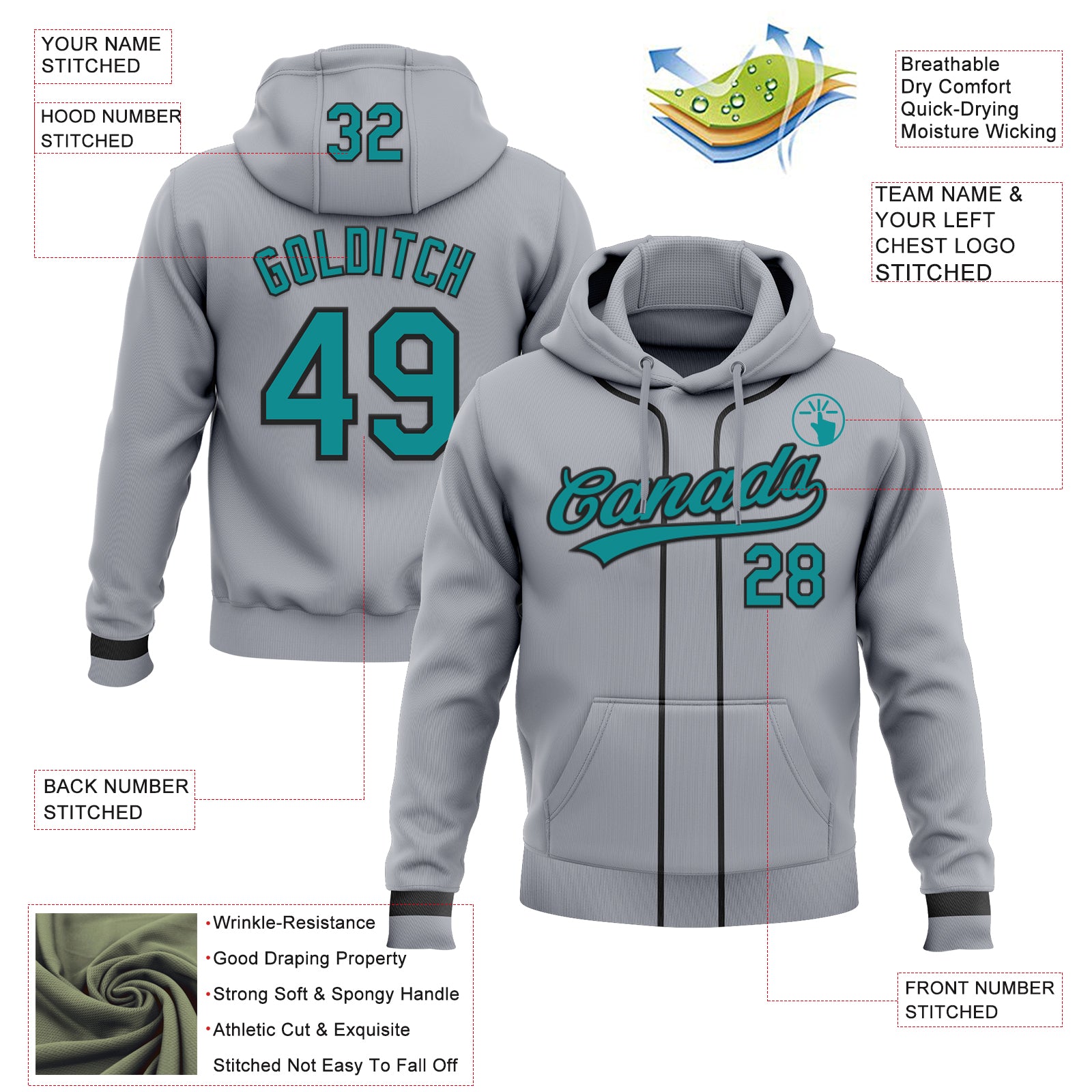 Custom Stitched Gray Teal-Black Baseball Pullover Sweatshirt Hoodie