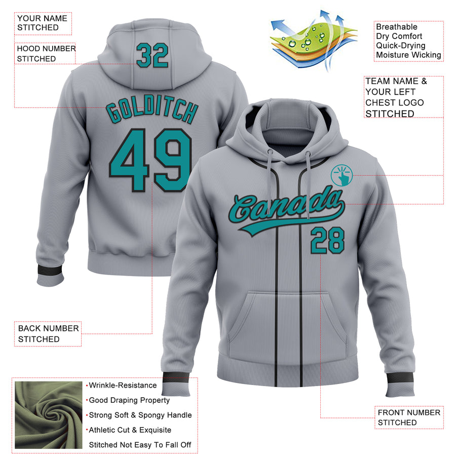 Custom Stitched Gray Teal-Black Baseball Pullover Sweatshirt Hoodie