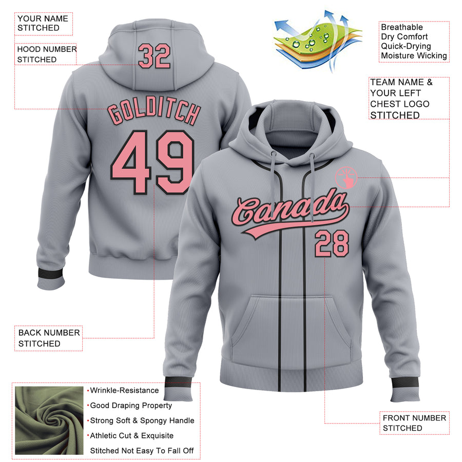 Custom Stitched Gray Medium Pink-Black Baseball Pullover Sweatshirt Hoodie