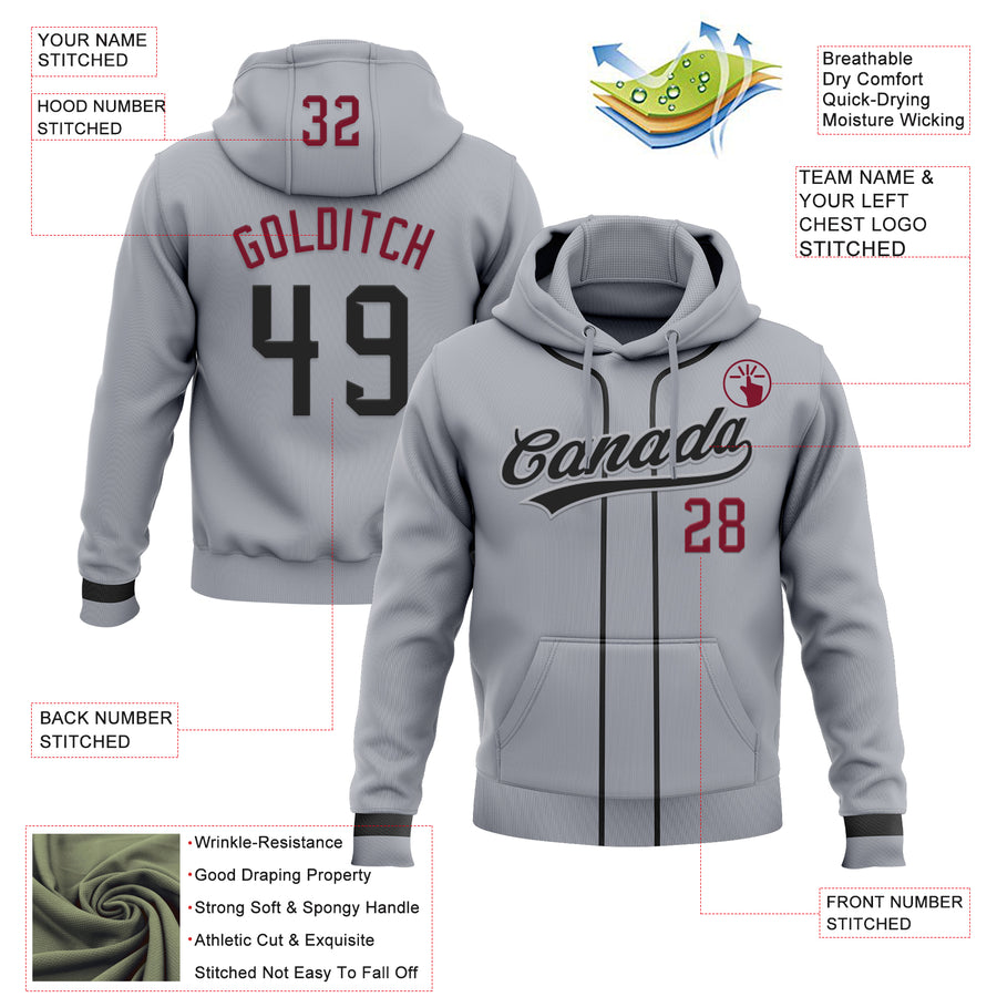 Custom Stitched Gray Black-Crimson Baseball Pullover Sweatshirt Hoodie