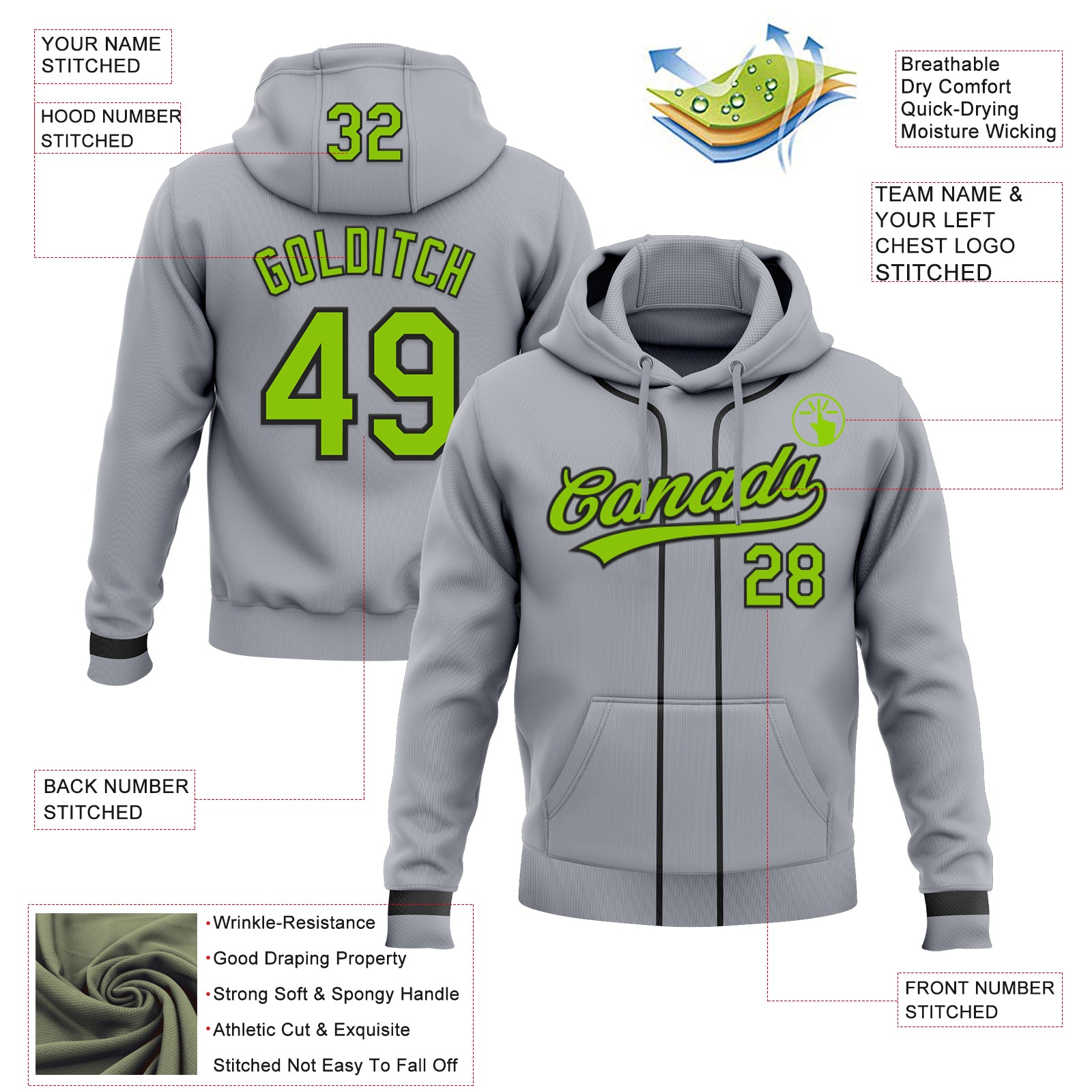 Custom Stitched Gray Neon Green-Black Baseball Pullover Sweatshirt Hoodie