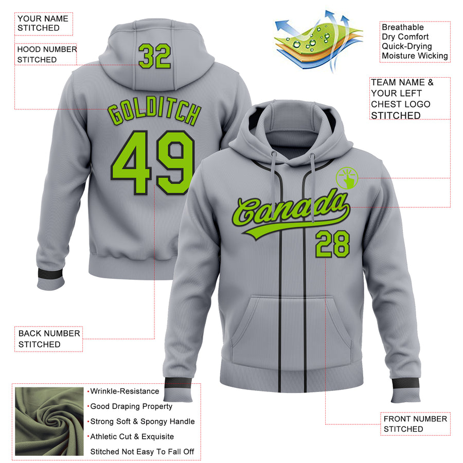 Custom Stitched Gray Neon Green-Black Baseball Pullover Sweatshirt Hoodie