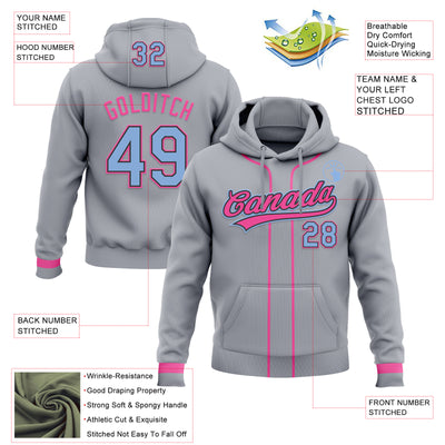 Custom Stitched Gray Light Blue Pink-Black Baseball Pullover Sweatshirt Hoodie