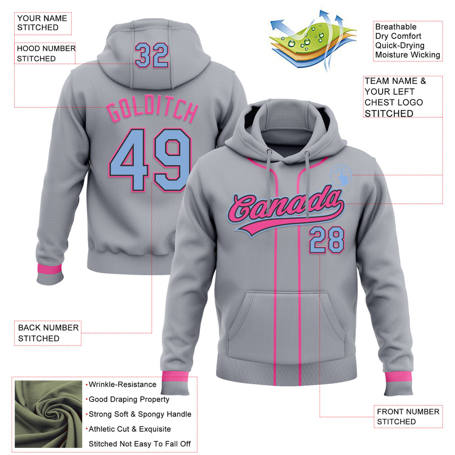 Custom Stitched Gray Light Blue Pink-Black Baseball Pullover Sweatshirt Hoodie