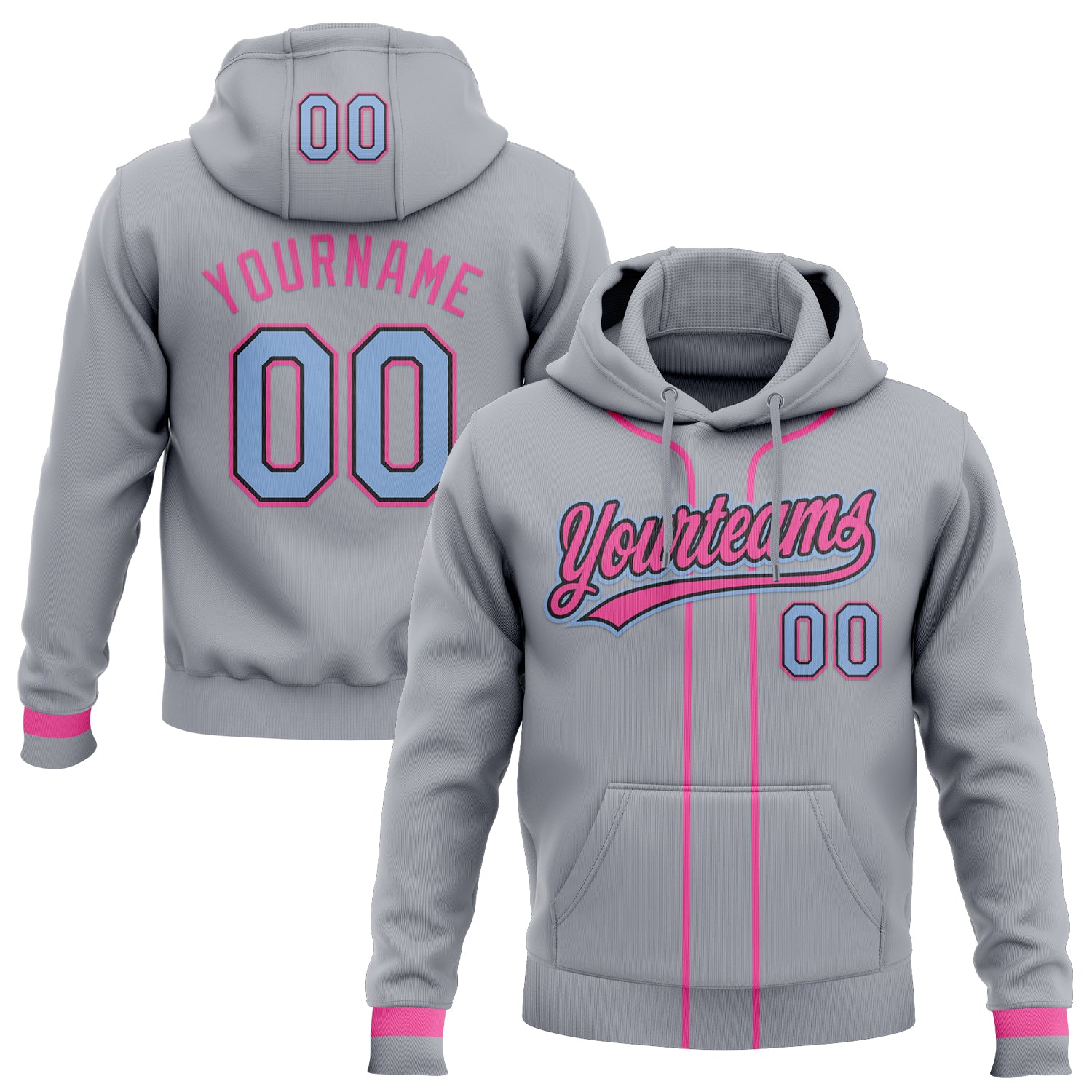 Custom Stitched Gray Light Blue Pink-Black Baseball Pullover Sweatshirt Hoodie