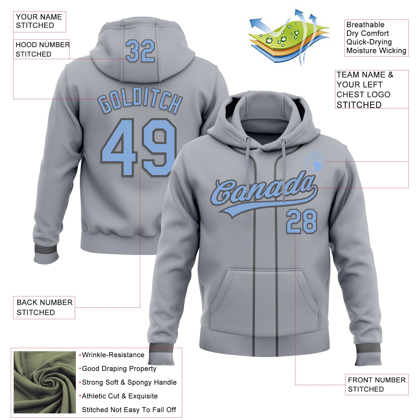 Custom Stitched Gray Light Blue-Steel Gray Baseball Pullover Sweatshirt Hoodie
