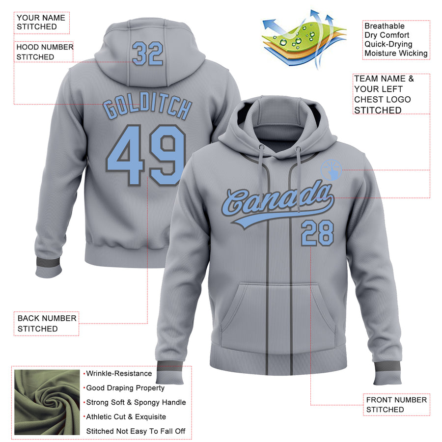 Custom Stitched Gray Light Blue-Steel Gray Baseball Pullover Sweatshirt Hoodie