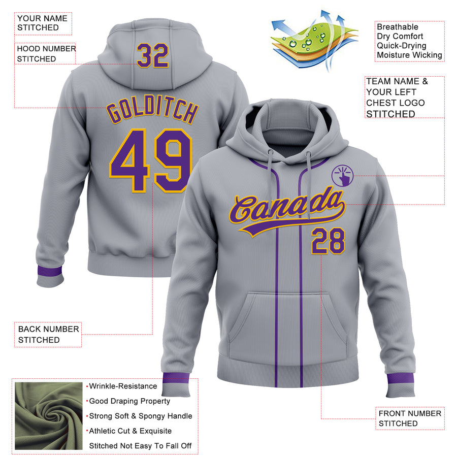 Custom Stitched Gray Purple-Gold Baseball Pullover Sweatshirt Hoodie