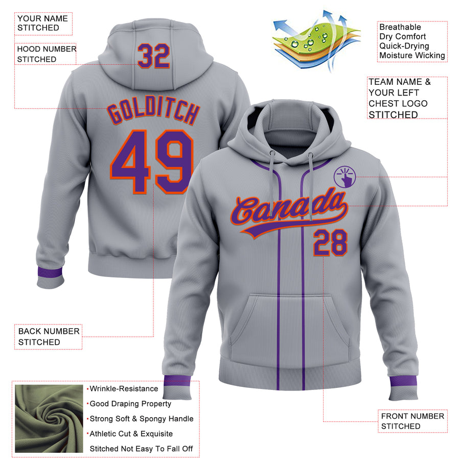 Custom Stitched Gray Purple-Orange Baseball Pullover Sweatshirt Hoodie