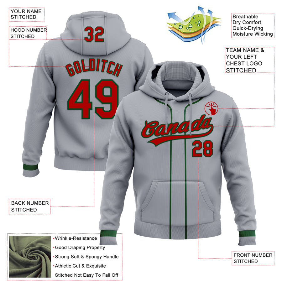 Custom Stitched Gray Red-Green Baseball Pullover Sweatshirt Hoodie
