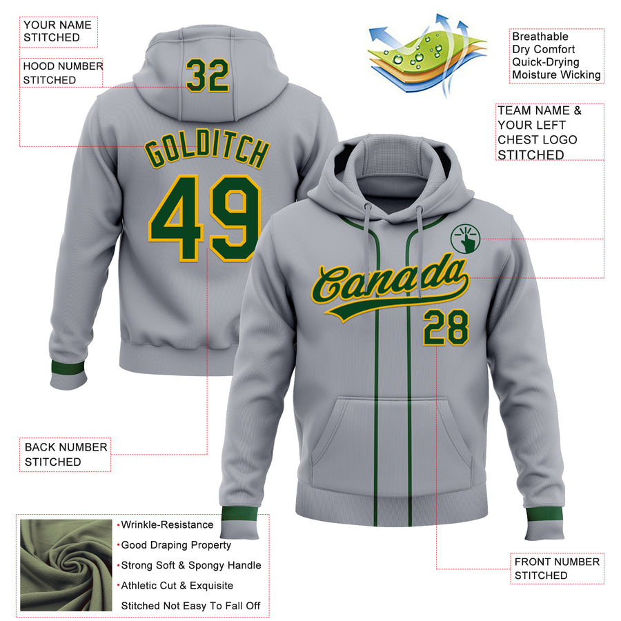 Custom Stitched Gray Green-Gold Baseball Pullover Sweatshirt Hoodie
