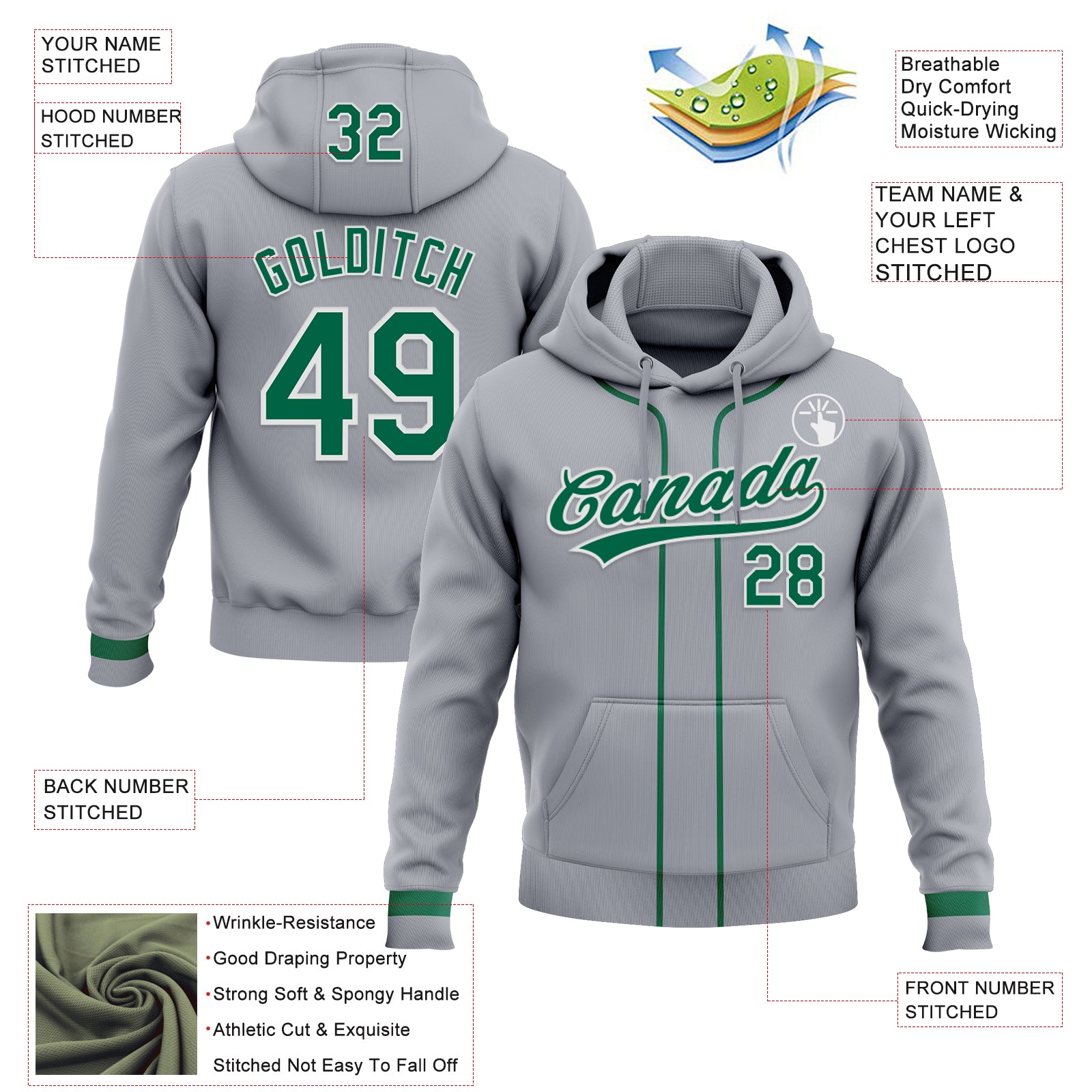Custom Stitched Gray Kelly Green-White Baseball Pullover Sweatshirt Hoodie