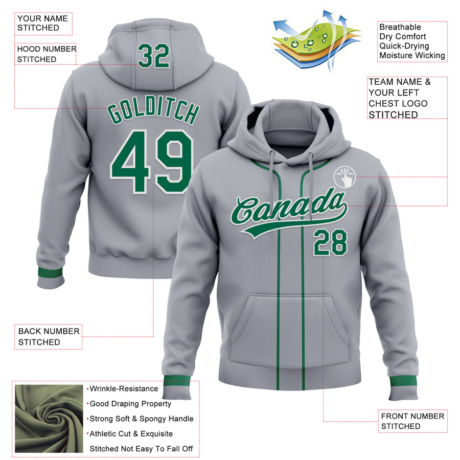 Custom Stitched Gray Kelly Green-White Baseball Pullover Sweatshirt Hoodie