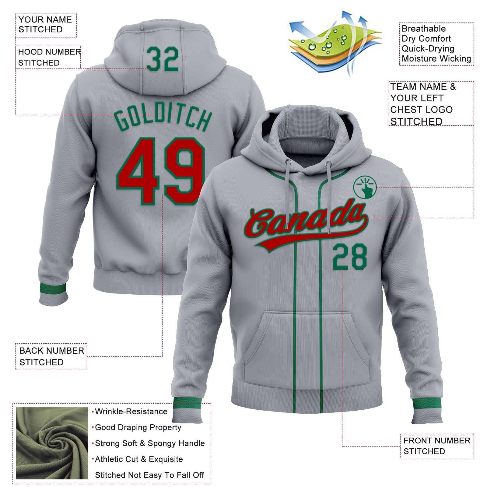 Custom Stitched Gray Red-Kelly Green Baseball Pullover Sweatshirt Hoodie