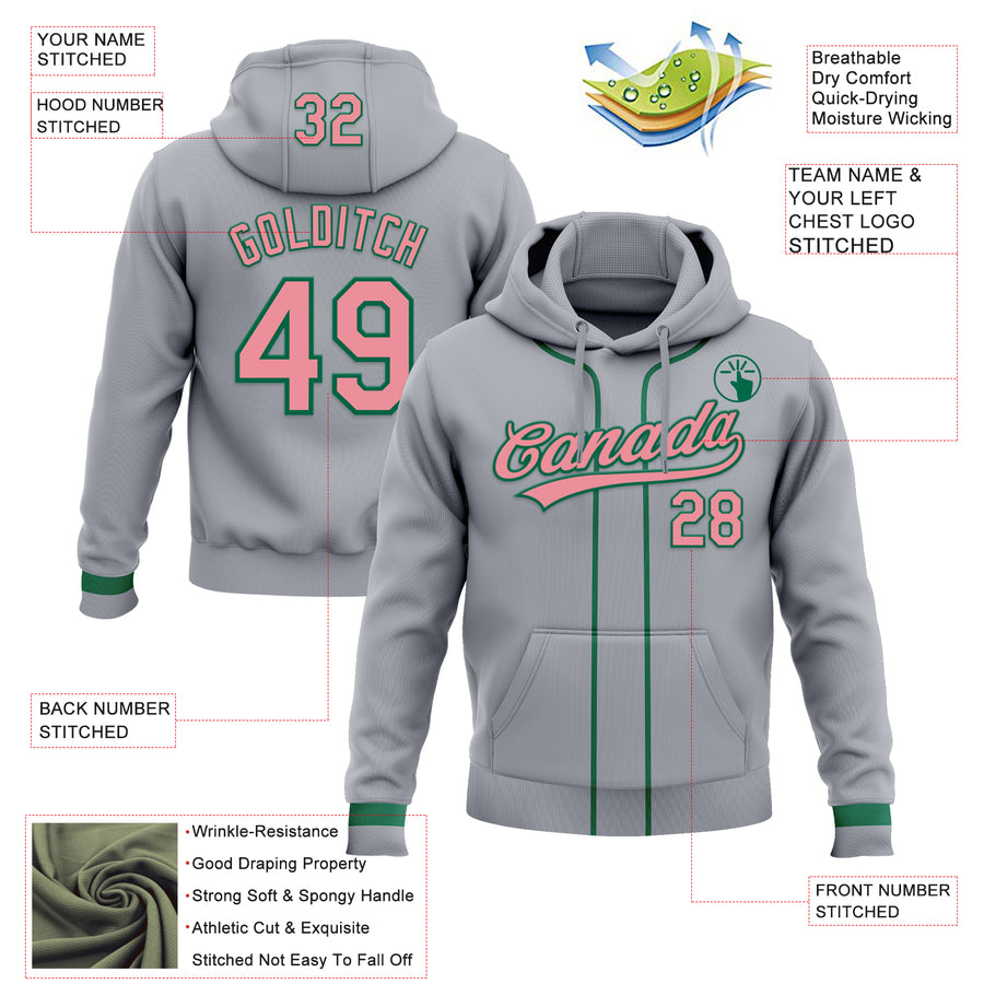 Custom Stitched Gray Medium Pink-Kelly Green Baseball Pullover Sweatshirt Hoodie