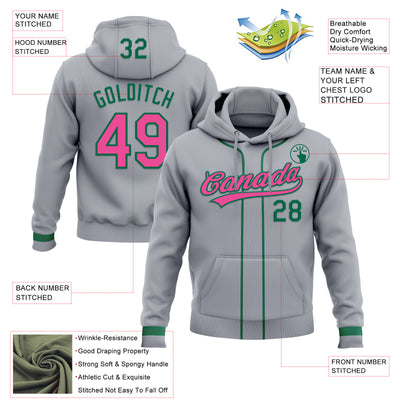 Custom Stitched Gray Pink-Kelly Green Baseball Pullover Sweatshirt Hoodie