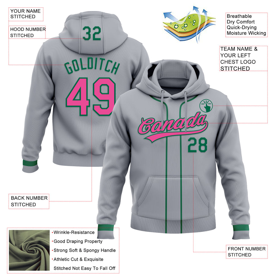 Custom Stitched Gray Pink-Kelly Green Baseball Pullover Sweatshirt Hoodie