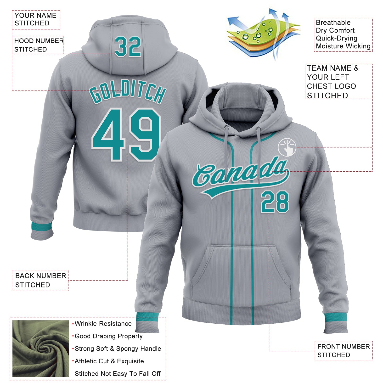 Custom Stitched Gray Teal-White Baseball Pullover Sweatshirt Hoodie