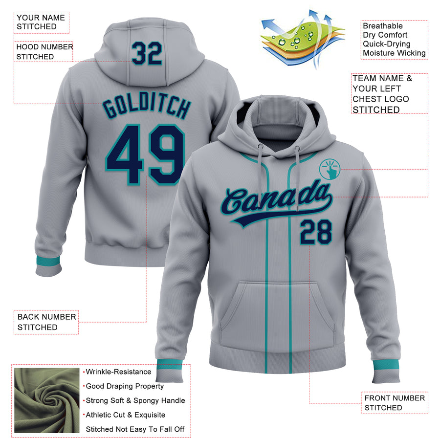 Custom Stitched Gray Navy-Teal Baseball Pullover Sweatshirt Hoodie