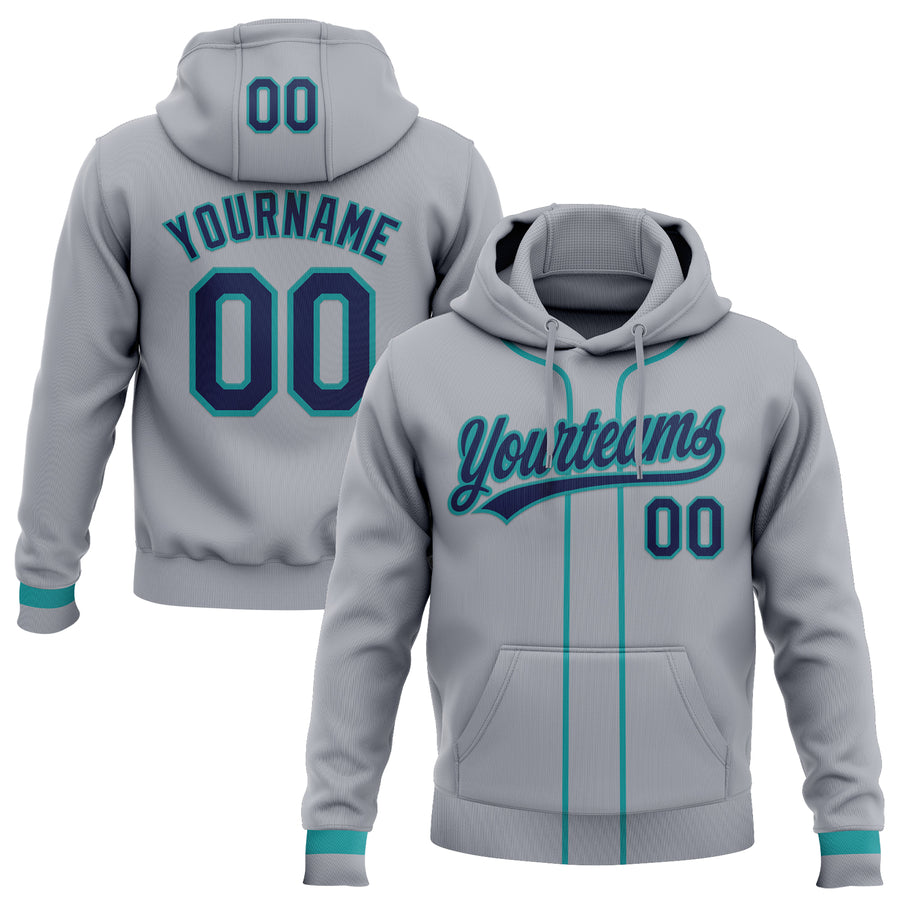 Custom Stitched Gray Navy-Teal Baseball Pullover Sweatshirt Hoodie