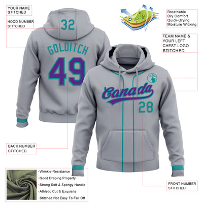 Custom Stitched Gray Purple-Teal Baseball Pullover Sweatshirt Hoodie