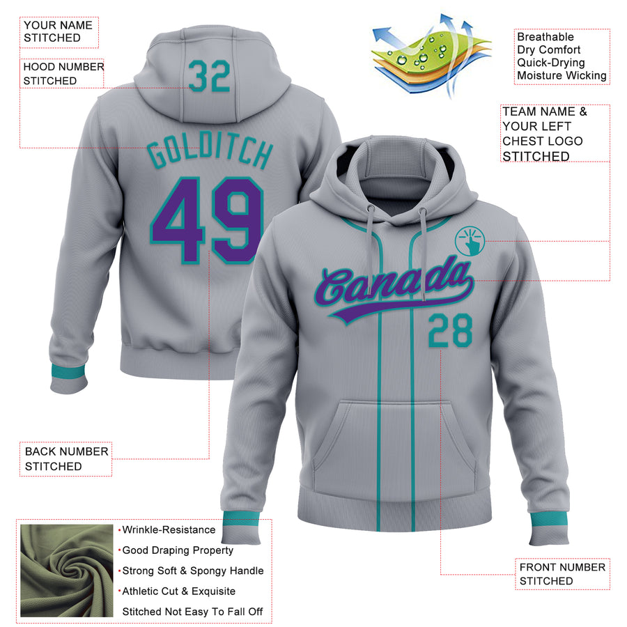 Custom Stitched Gray Purple-Teal Baseball Pullover Sweatshirt Hoodie