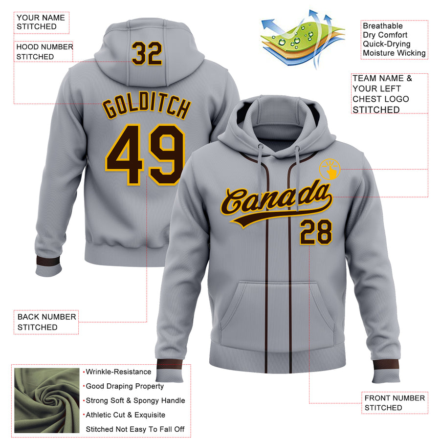 Custom Stitched Gray Brown-Gold Baseball Pullover Sweatshirt Hoodie