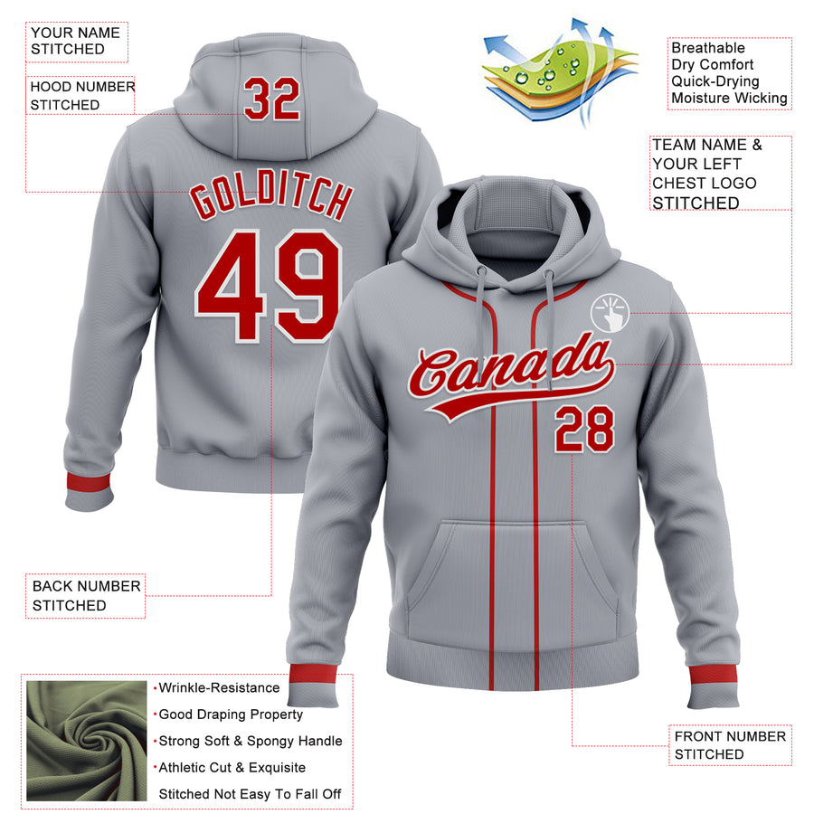 Custom Stitched Gray Red-White Baseball Pullover Sweatshirt Hoodie