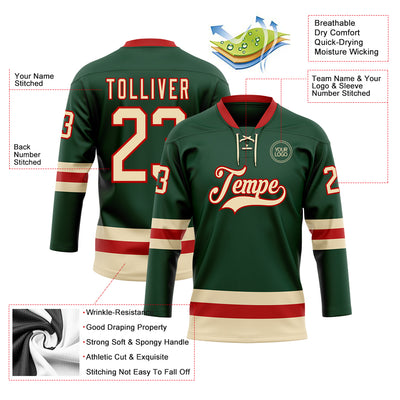 Custom Green Cream-Red Hockey Lace Neck Jersey