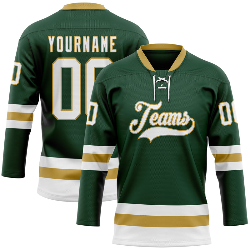 Custom Green WhiteOld Gold Hockey Lace Neck Jersey Discount FansIdea