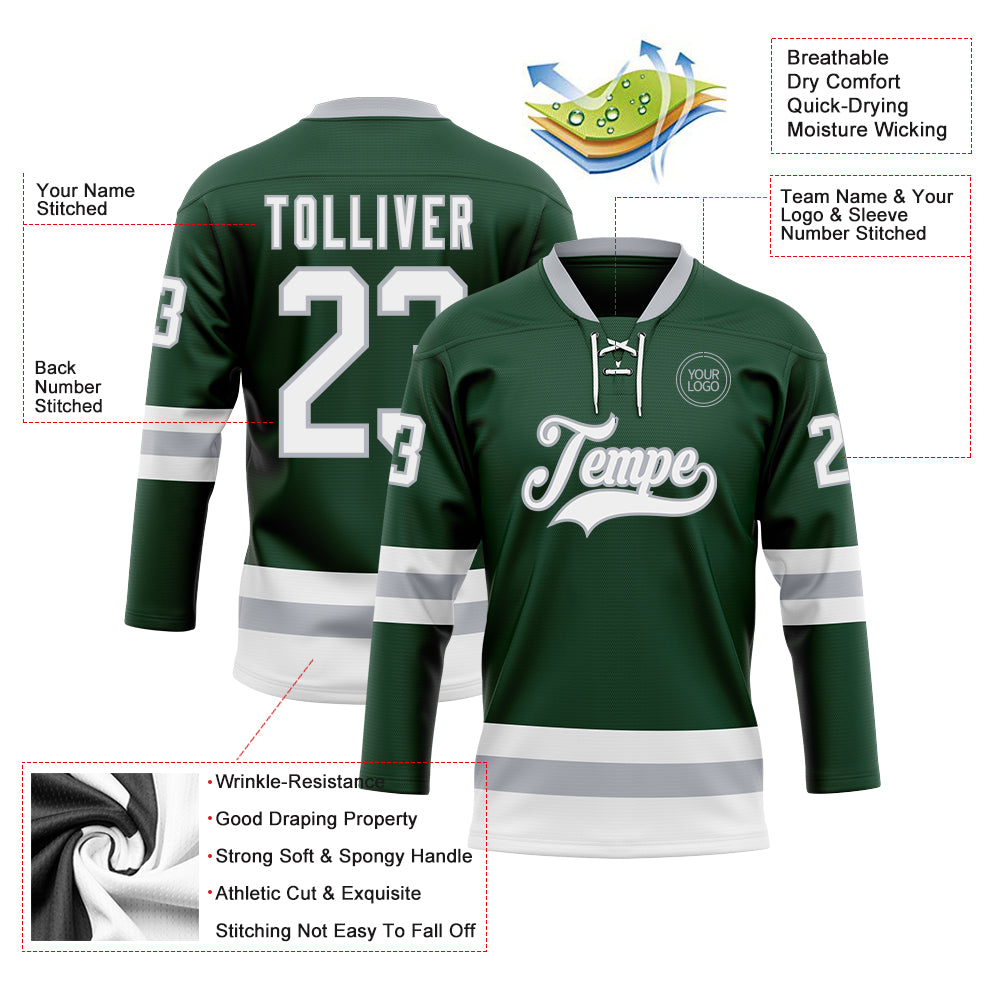 Custom Green White-Gray Hockey Lace Neck Jersey