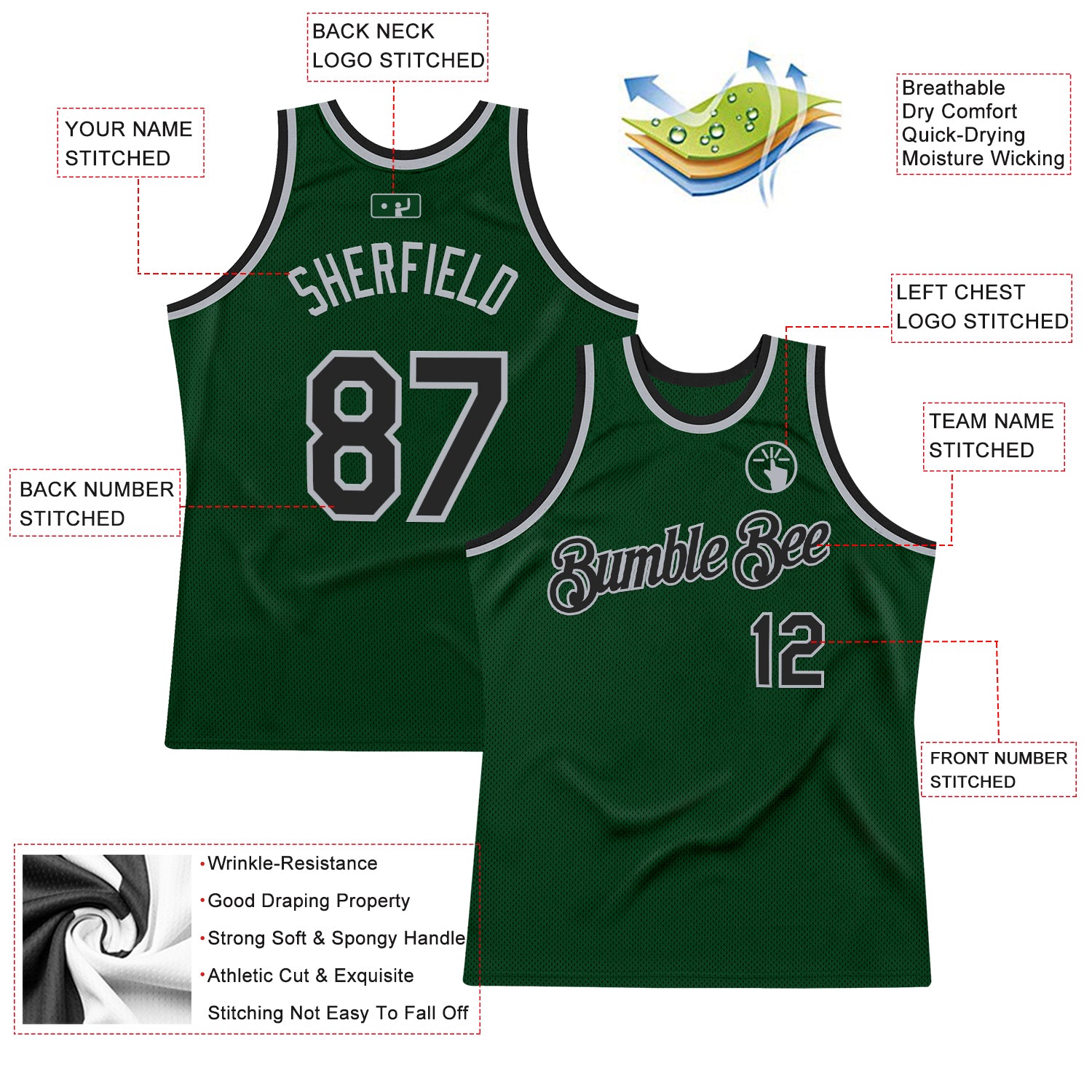 Custom Green Black-Gray Authentic Throwback Basketball Jersey