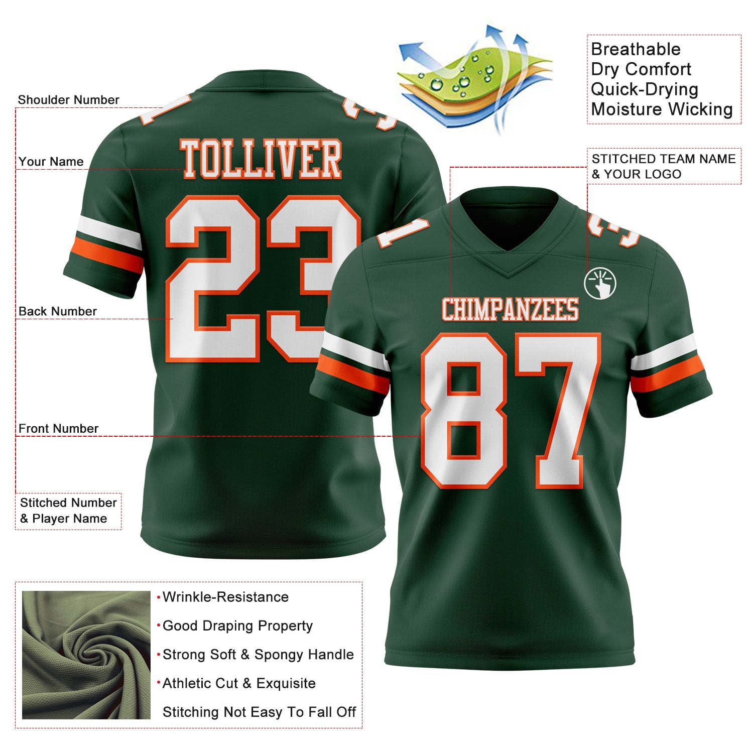 Custom Green White-Orange Authentic Football Jersey