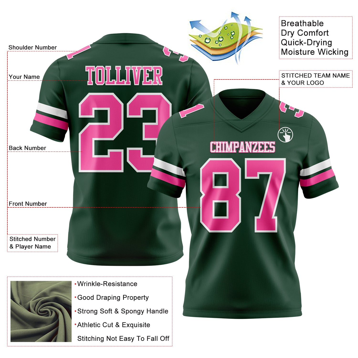 Custom Green Pink-White Authentic Football Jersey