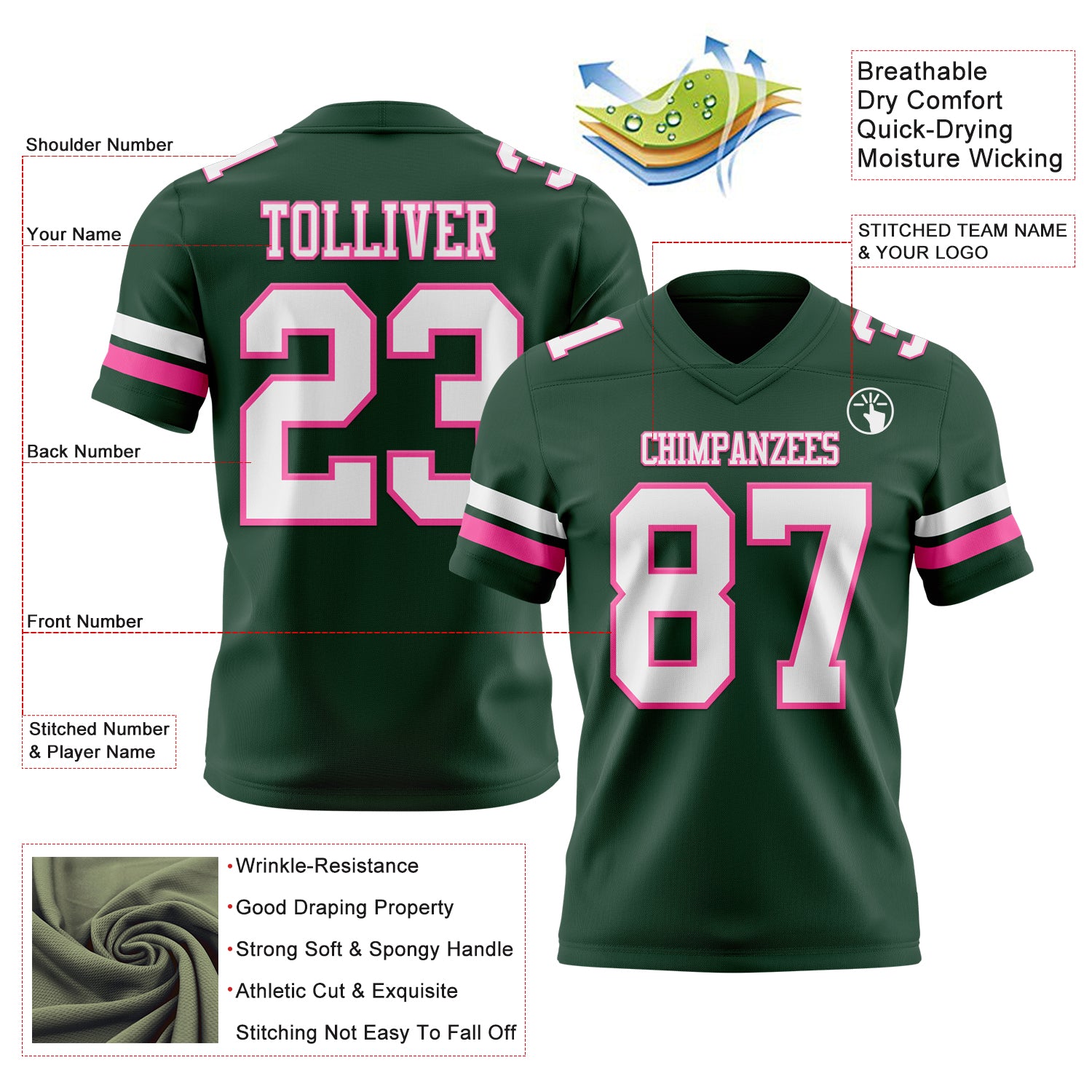 Custom Green White-Pink Authentic Football Jersey