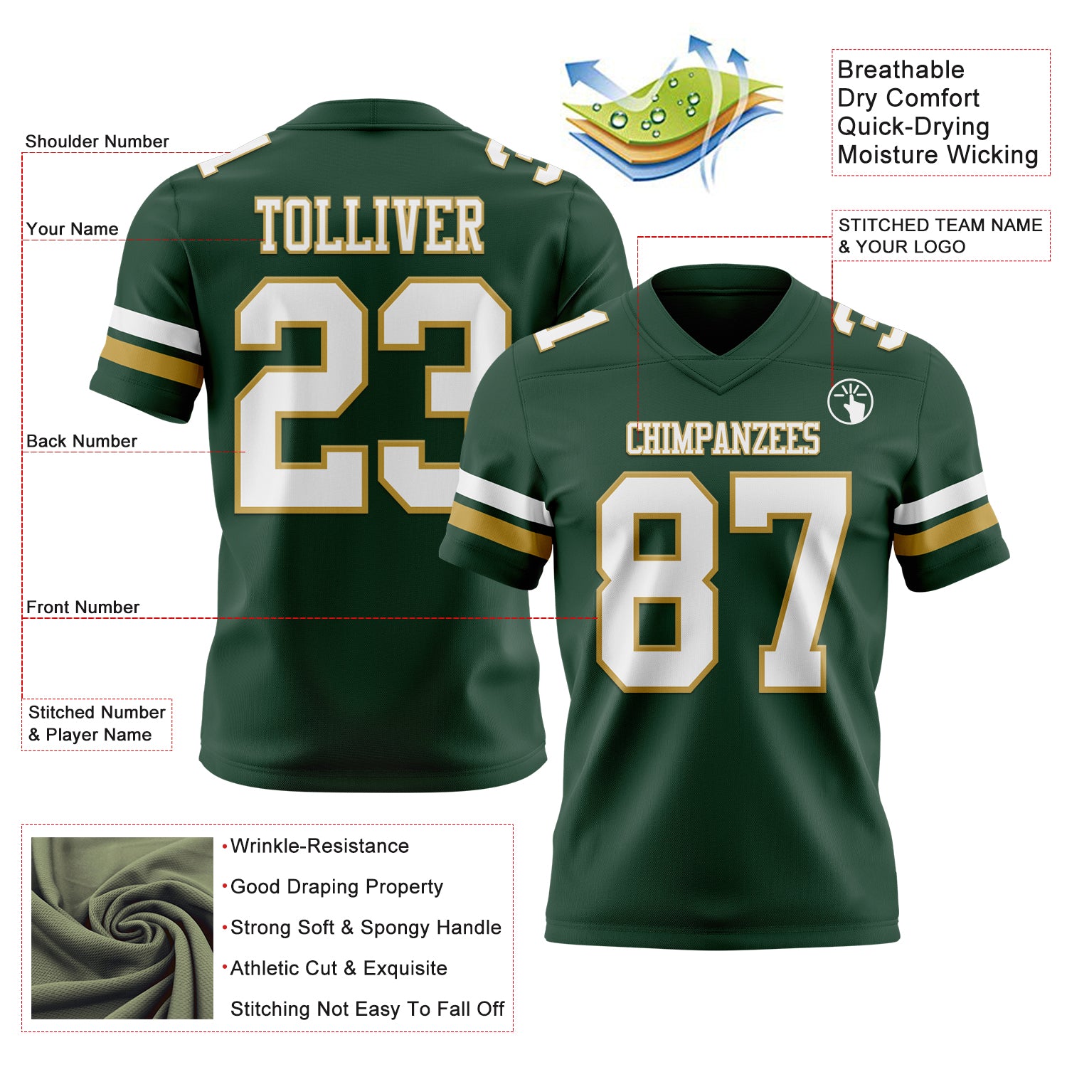 Custom Green White-Old Gold Authentic Football Jersey