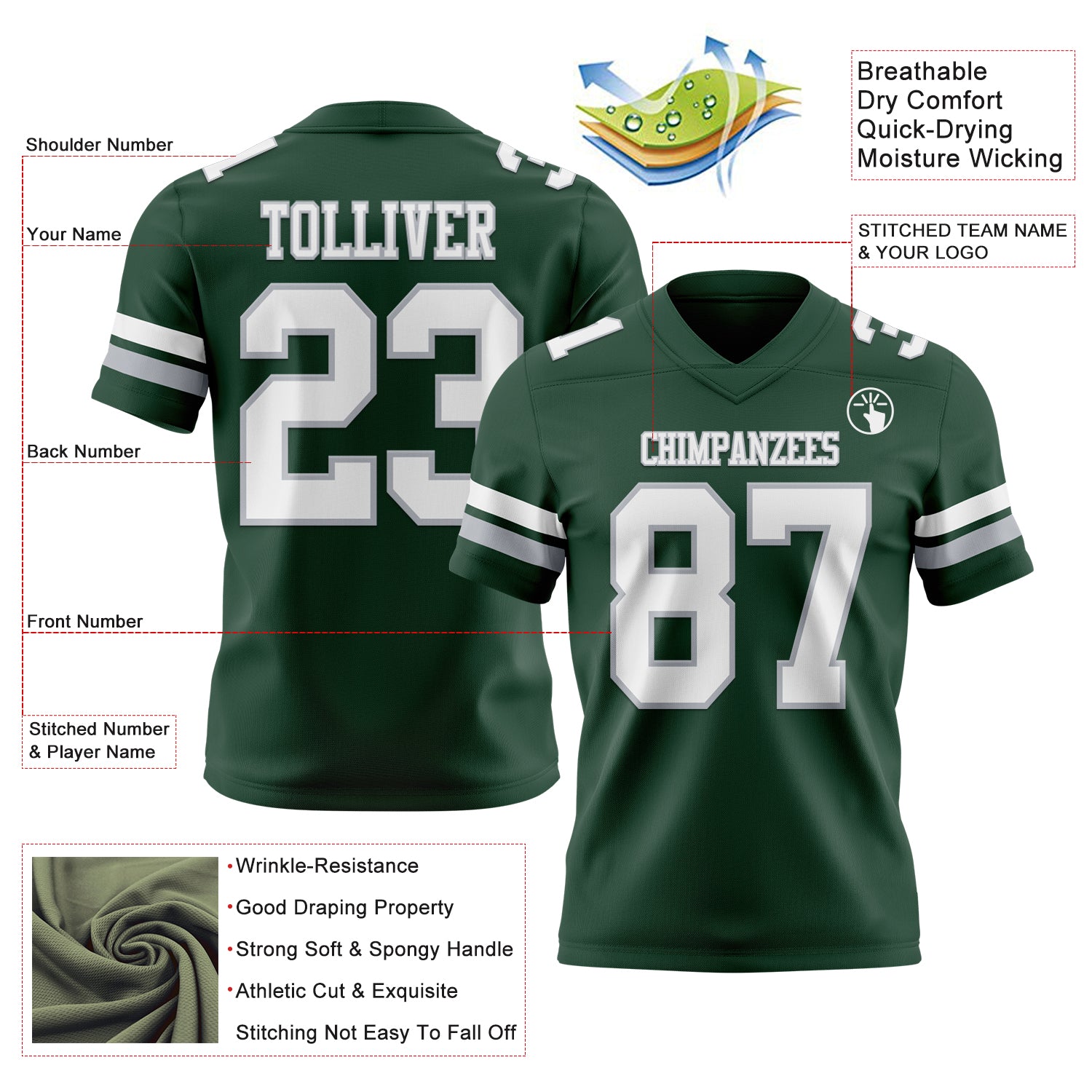 Custom Green White-Gray Authentic Football Jersey