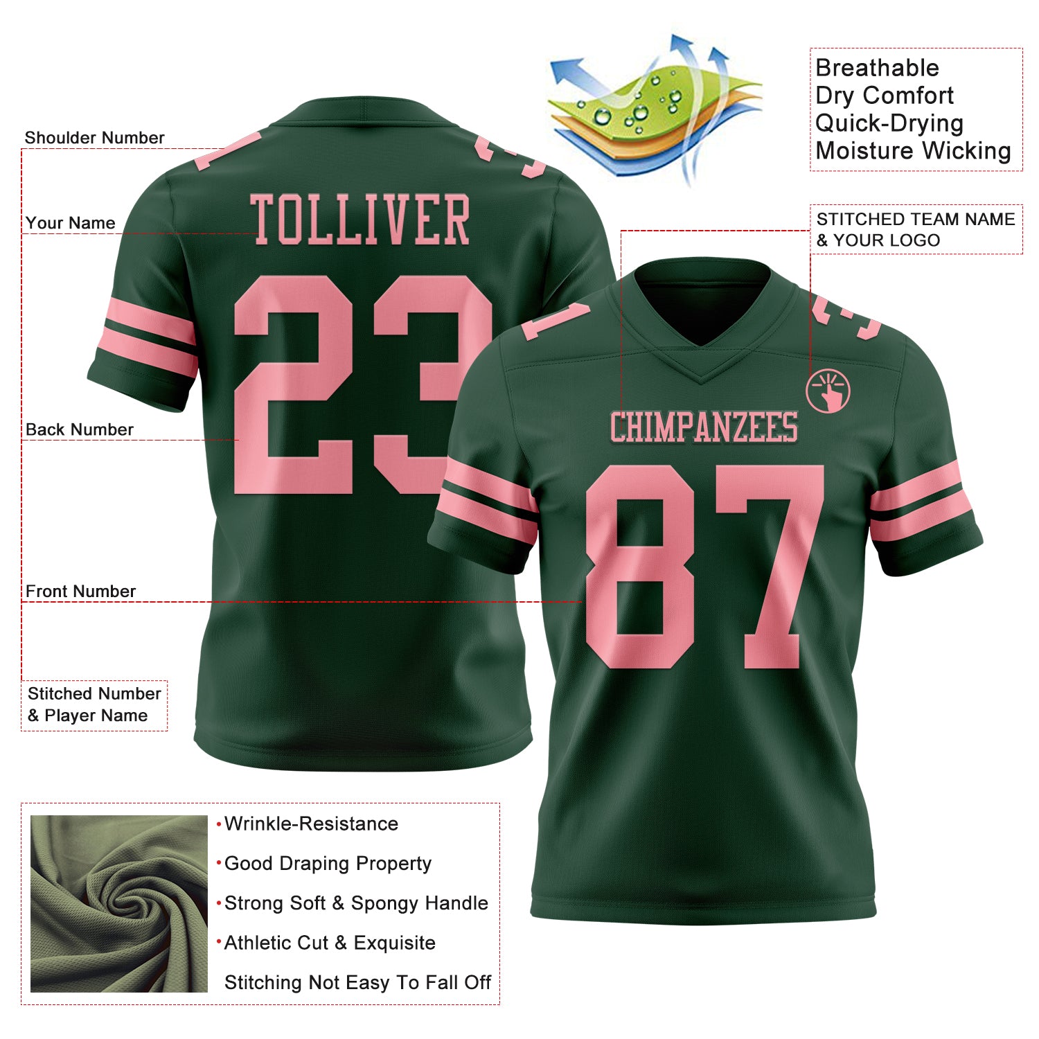 Custom Green Medium Pink Authentic Football Jersey