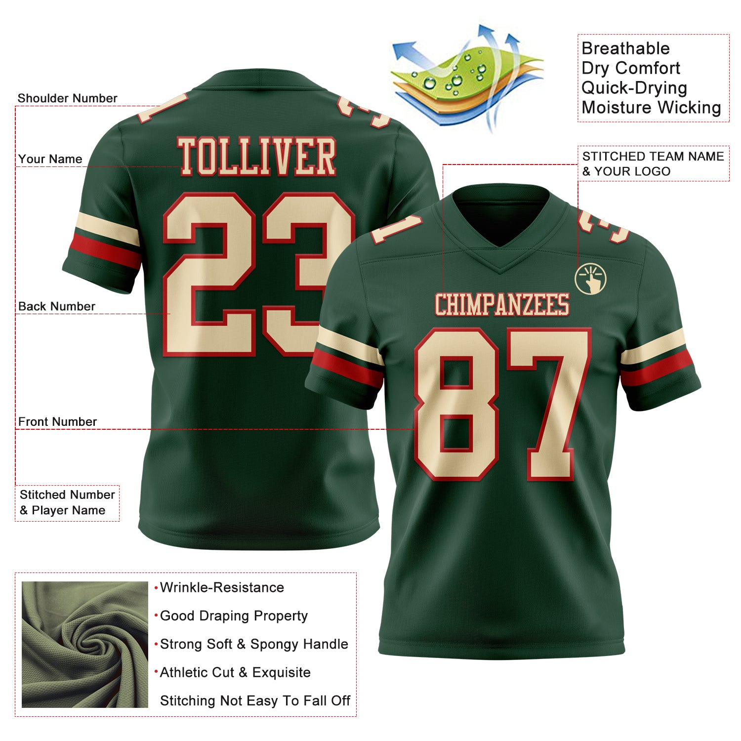 Custom Green Cream-Red Authentic Football Jersey