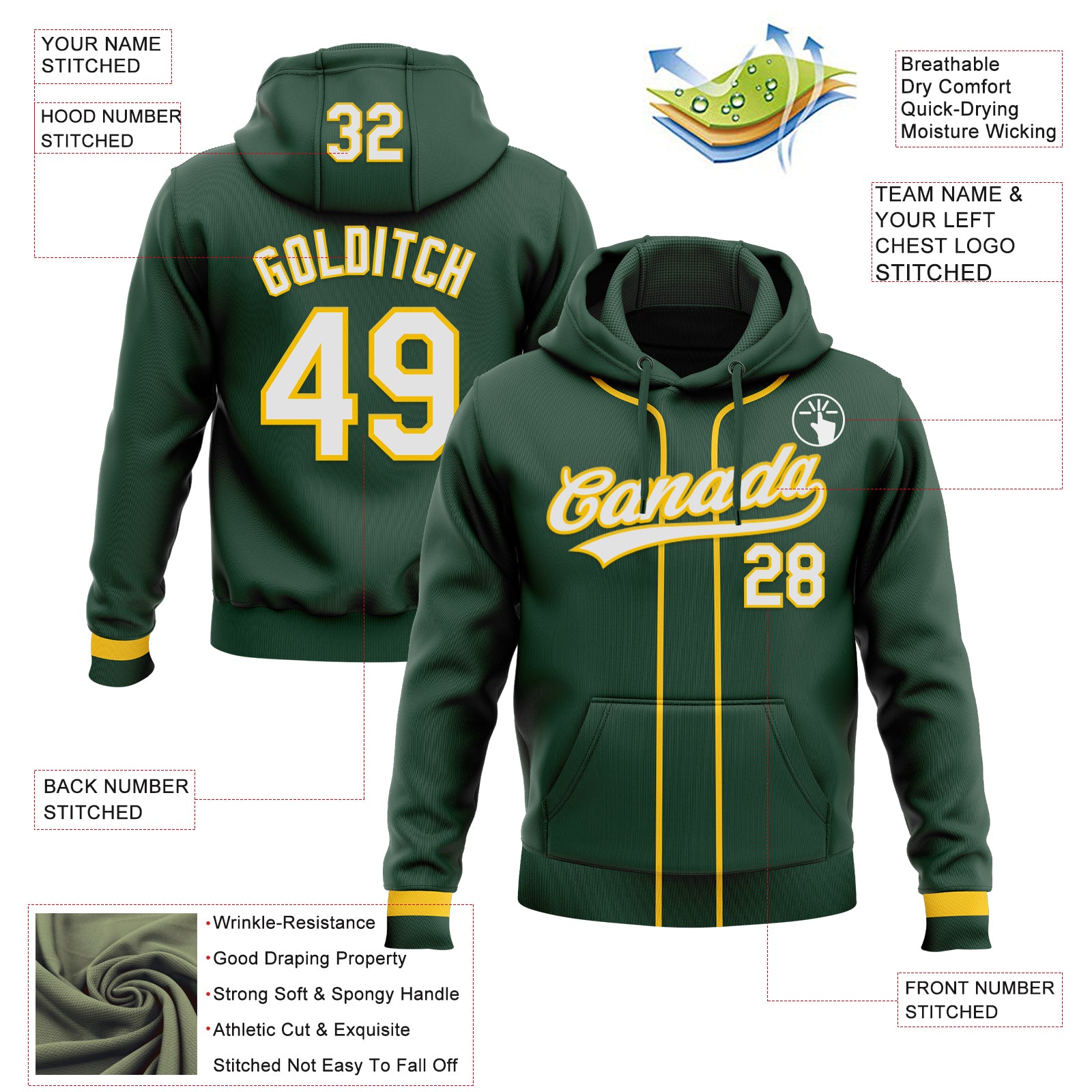 Custom Stitched Green White-Yellow Baseball Pullover Sweatshirt Hoodie