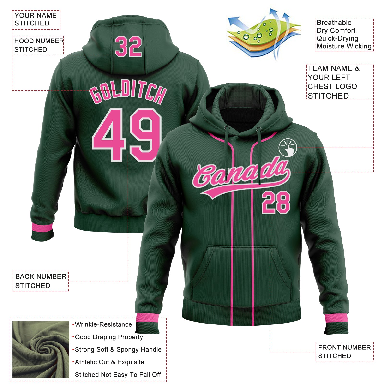 Custom Stitched Green Pink-White Baseball Pullover Sweatshirt Hoodie
