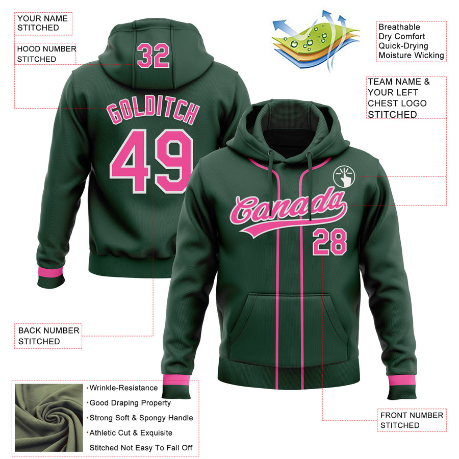 Custom Stitched Green Pink-White Baseball Pullover Sweatshirt Hoodie
