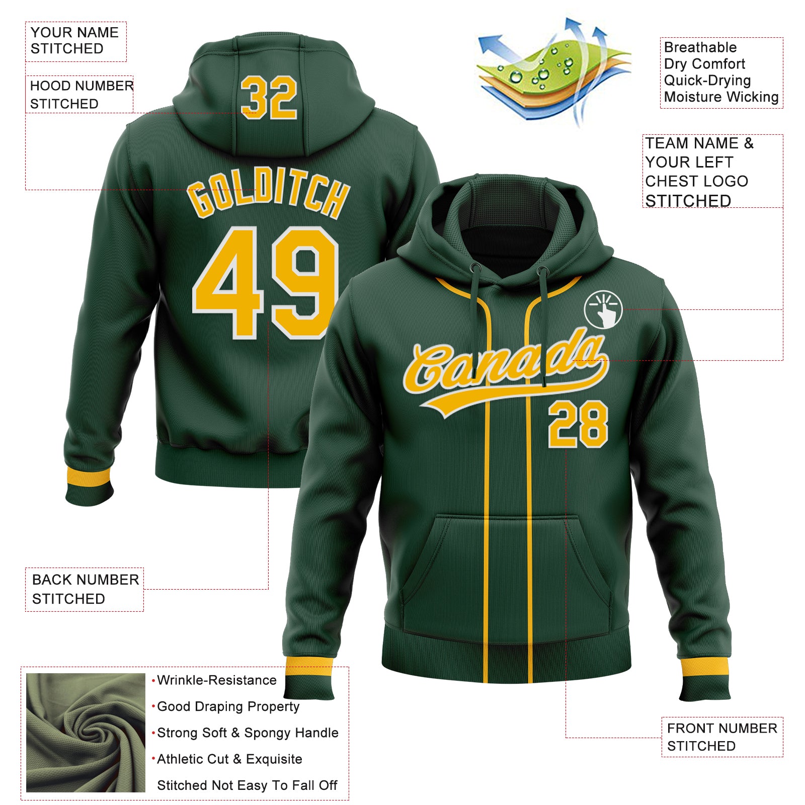 Custom Stitched Green Gold-White Baseball Pullover Sweatshirt Hoodie