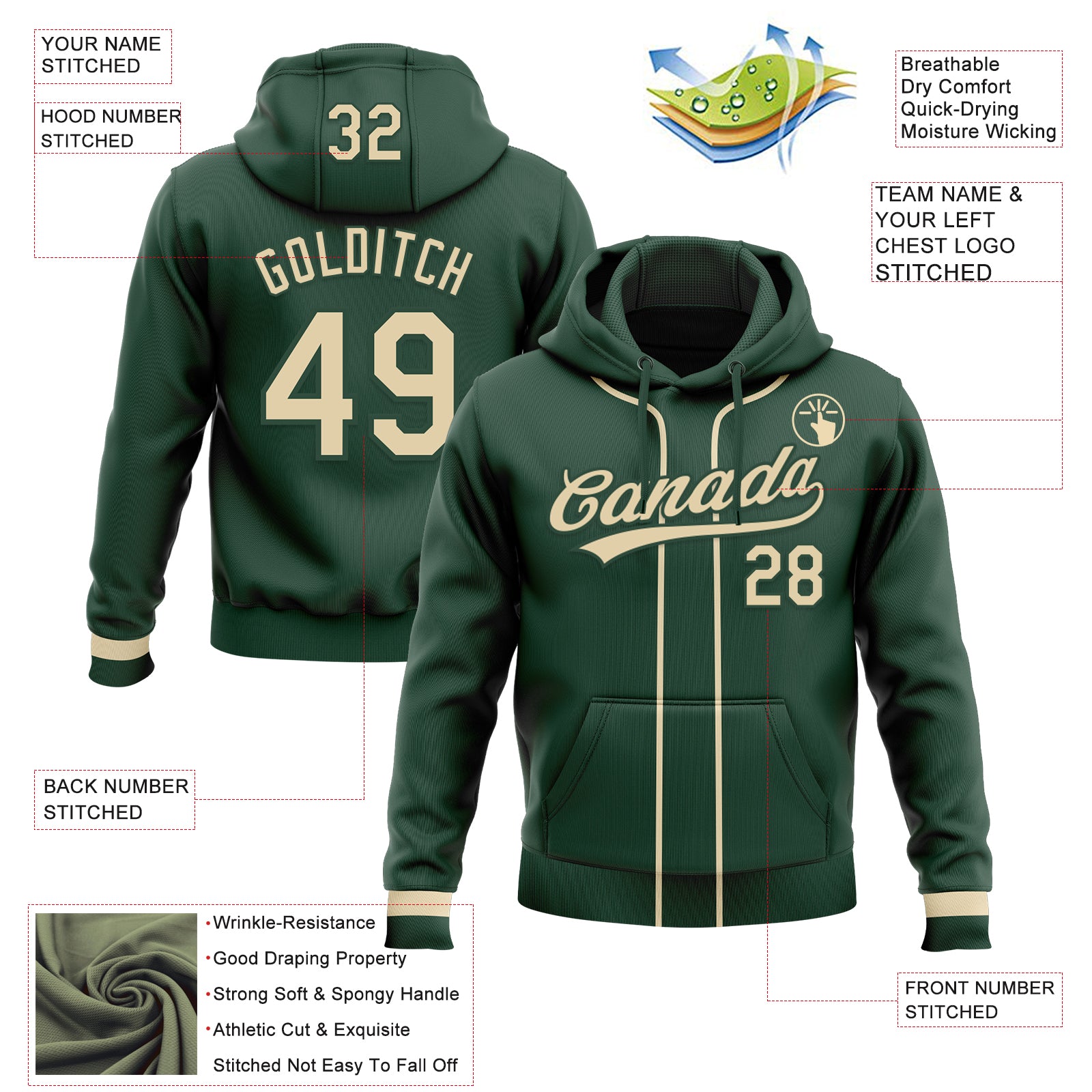 Custom Stitched Green Cream Baseball Pullover Sweatshirt Hoodie