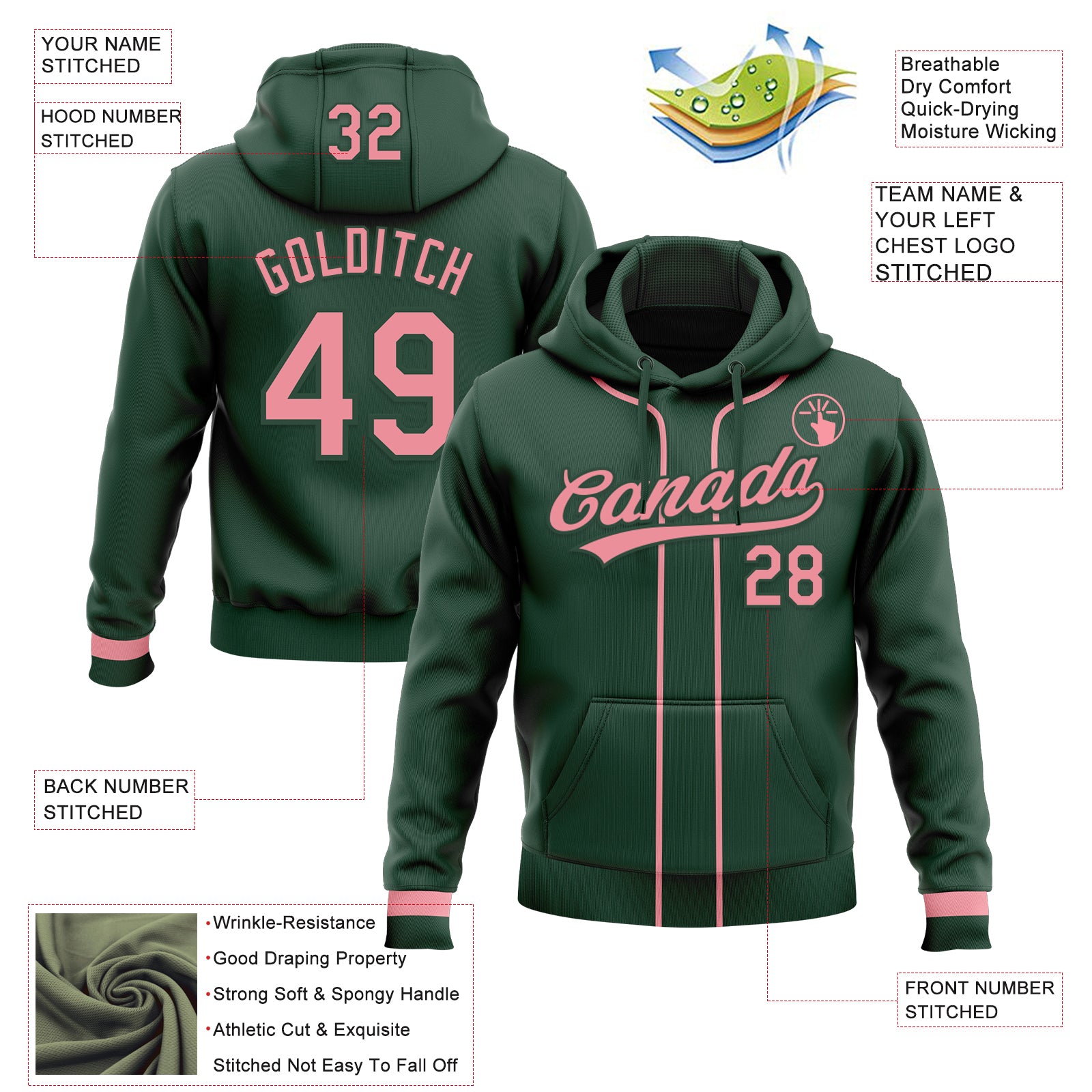 Custom Stitched Green Medium Pink Baseball Pullover Sweatshirt Hoodie