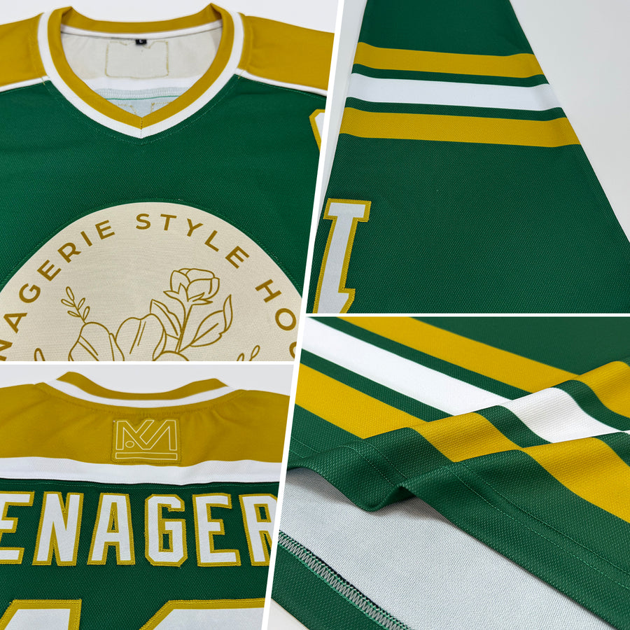 Custom Green White-Old Gold Hockey Jersey