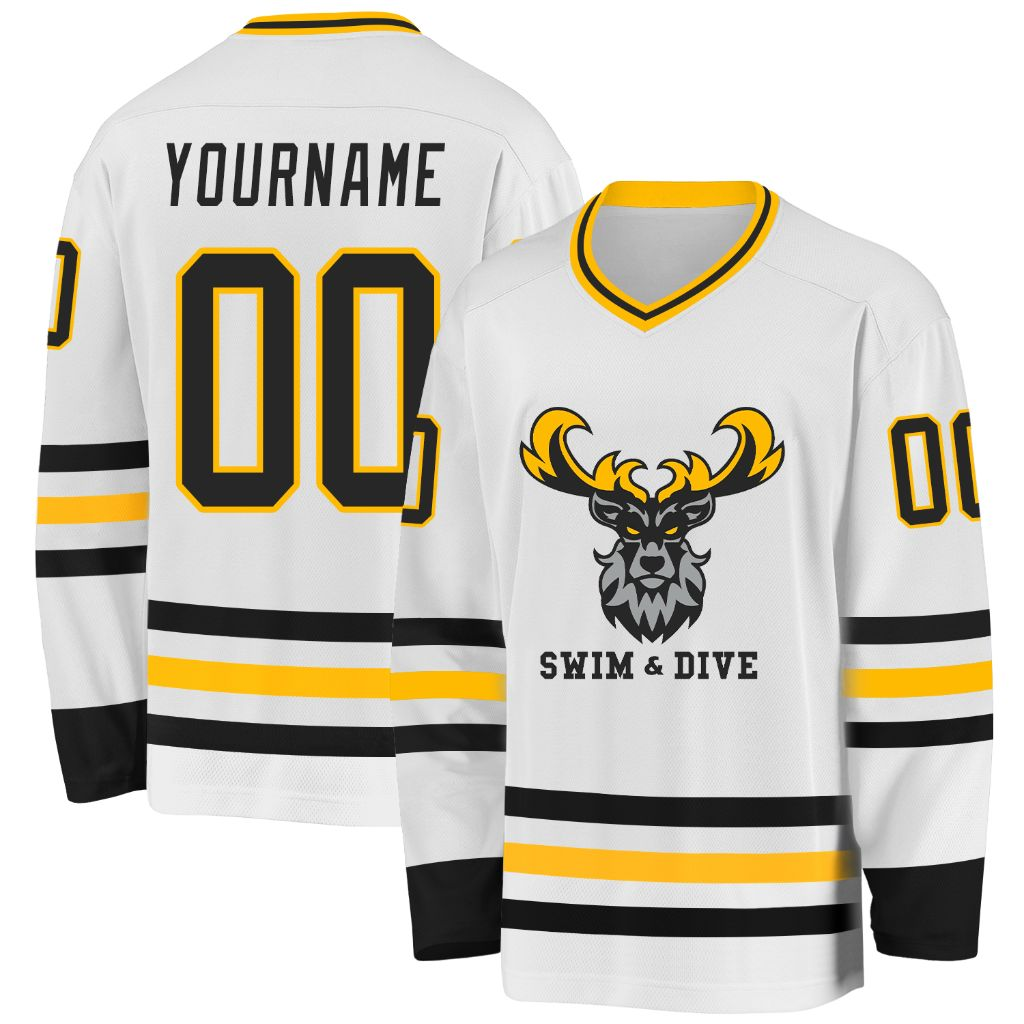 Custom White Black-Gold Hockey SWIM &DIVE Jersey