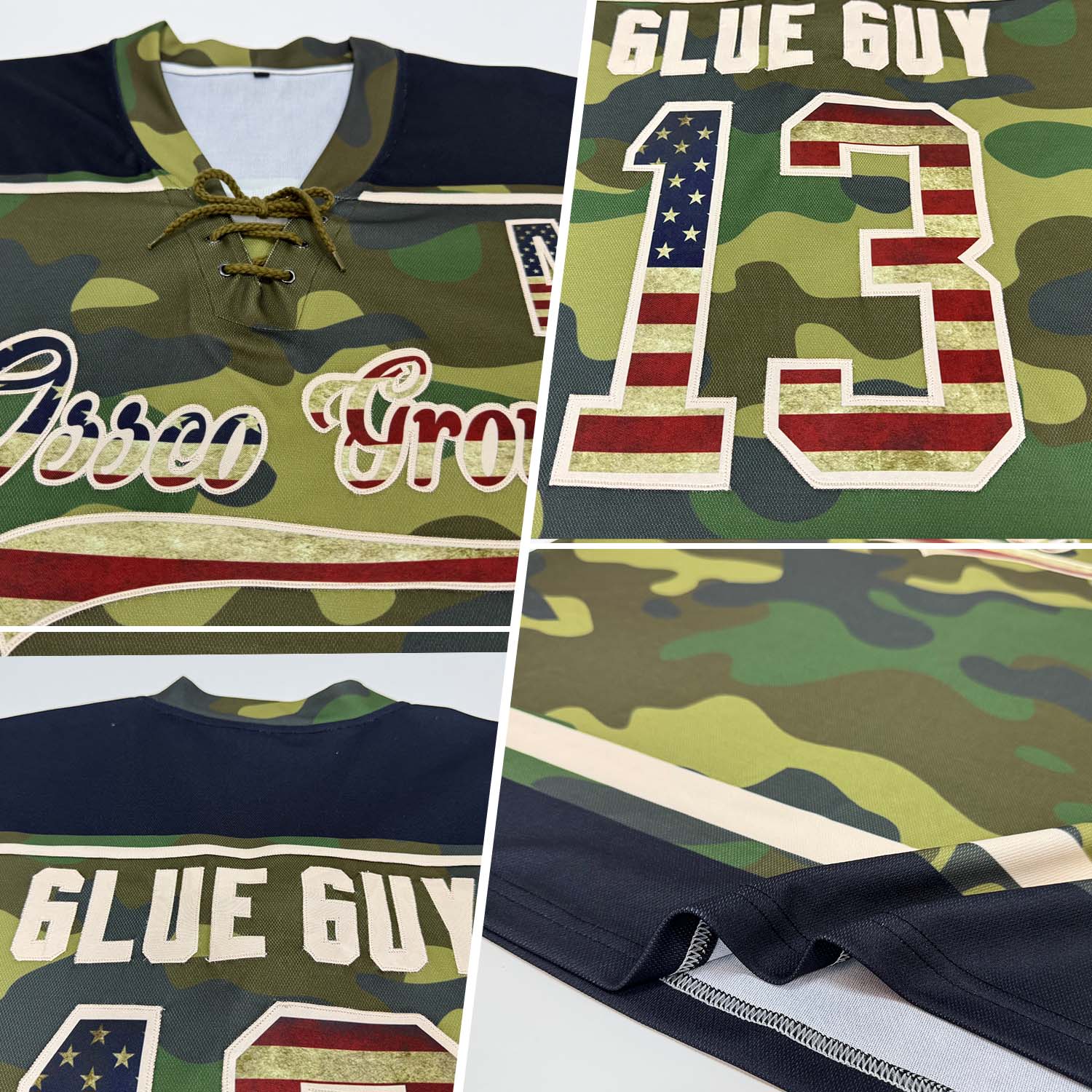 Custom Camo Vintage USA Flag Cream-Black Salute To Service Hockey Lace Neck Jersey