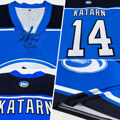 Custom Blue White-Black Hockey Lace Neck Jersey