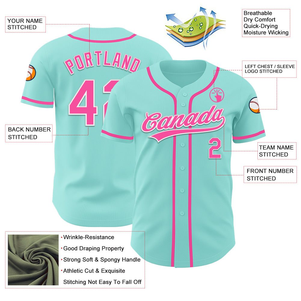 Custom Ice Blue Pink-White Authentic Baseball Jersey